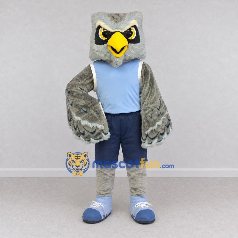 Custom Gray and Blue Owl Character in Sportswear Mascot Costume Adult Full Body Suit for Sports Events Custom Gray and Blue Owl Character in Sportswear Mascot Costume Adult Full Body Suit for Sports Events