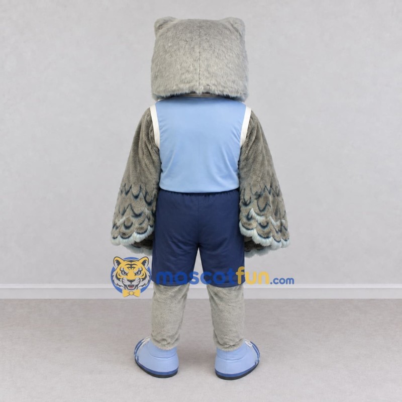 Custom Gray and Blue Owl Character in Sportswear Mascot Costume Adult Full Body Suit for Sports Events Custom Gray and Blue Owl Character in Sportswear Mascot Costume Adult Full Body Suit for Sports Events