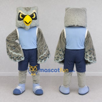 Custom Gray and Blue Owl Character in Sportswear Mascot Costume Adult Full Body Suit for Sports Events