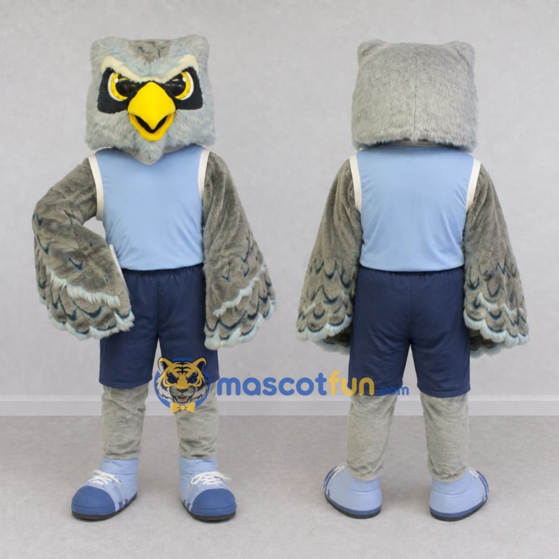 Custom Gray and Blue Owl Character in Sportswear Mascot Costume Adult Full Body Suit for Sports Events Custom Gray and Blue Owl Character in Sportswear Mascot Costume Adult Full Body Suit for Sports Events