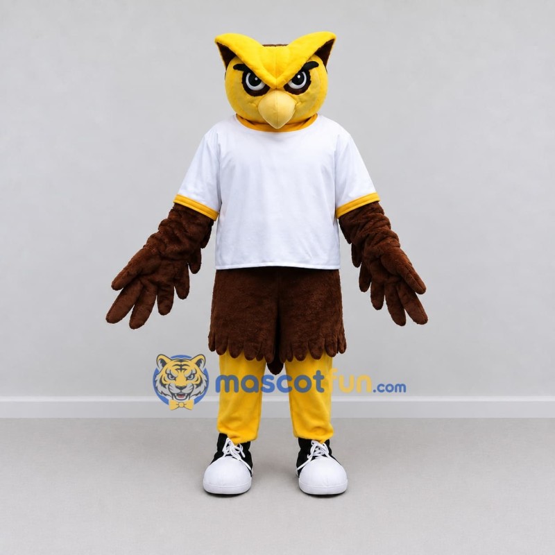 Custom Brown and Yellow Owl Character in a T-Shirt Mascot Costume Adult Full Body Suit for School Events Custom Brown and Yellow Owl Character in a T-Shirt Mascot Costume Adult Full Body Suit for School Events