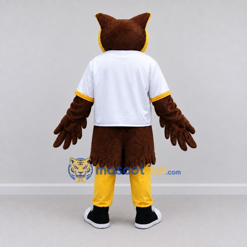 Custom Brown and Yellow Owl Character in a T-Shirt Mascot Costume Adult Full Body Suit for School Events Custom Brown and Yellow Owl Character in a T-Shirt Mascot Costume Adult Full Body Suit for School Events