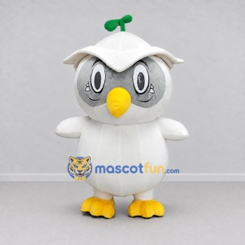 Custom White and Gray Owl Character with a Sprout Hat Mascot Costume Adult Full Body Suit for Garden Events