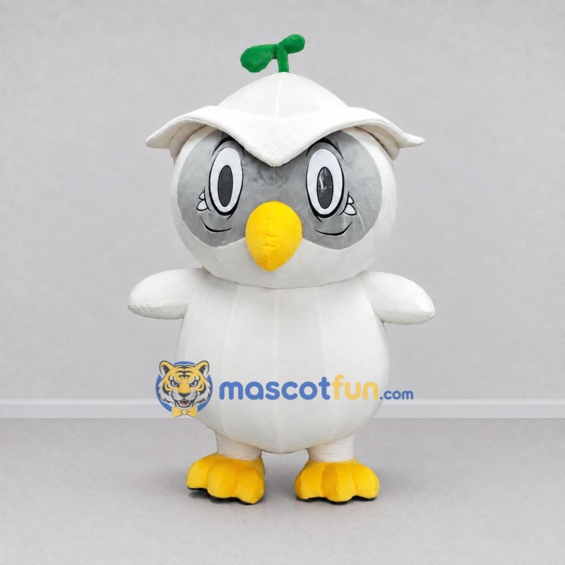 Custom White and Gray Owl Character with a Sprout Hat Mascot Costume Adult Full Body Suit for Garden Events Custom White and Gray Owl Character with a Sprout Hat Mascot Costume Adult Full Body Suit for Garden Events