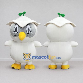Custom White and Gray Owl Character with a Sprout Hat Mascot Costume Adult Full Body Suit for Garden Events