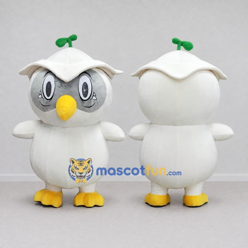 Custom White and Gray Owl Character with a Sprout Hat Mascot Costume Adult Full Body Suit for Garden Events Custom White and Gray Owl Character with a Sprout Hat Mascot Costume Adult Full Body Suit for Garden Events