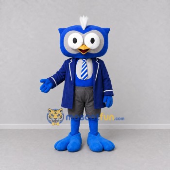 Custom Blue and White Owl Character in a Blazer Mascot Costume Adult Full Body Suit for School Events