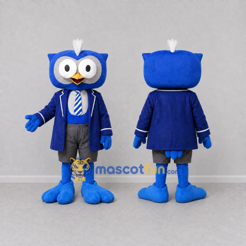 Custom Blue and White Owl Character in a Blazer Mascot Costume Adult Full Body Suit for School Events