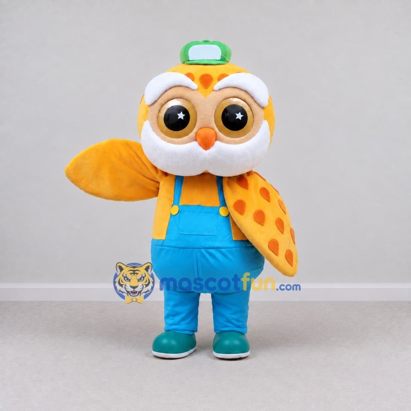 Custom Orange and Blue Owl Character in Overalls Mascot Costume Adult Full Body Suit for School Events Custom Orange and Blue Owl Character in Overalls Mascot Costume Adult Full Body Suit for School Events