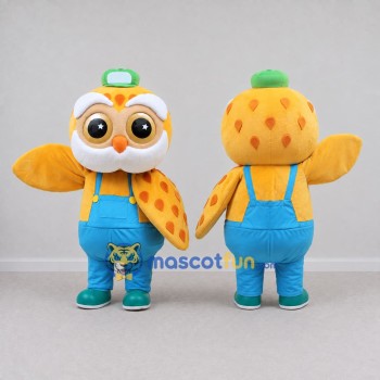 Custom Orange and Blue Owl Character in Overalls Mascot Costume Adult Full Body Suit for School Events
