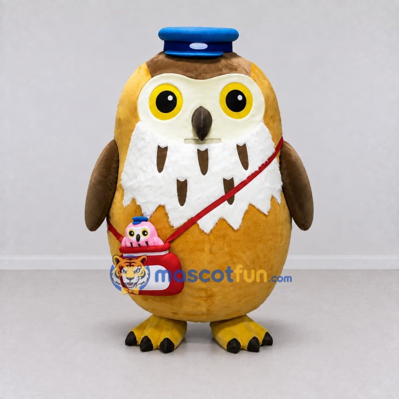 Custom Yellow and Brown Owl Character with a Cap Mascot Costume Adult Full Body Suit for School Events Custom Yellow and Brown Owl Character with a Cap Mascot Costume Adult Full Body Suit for School Events