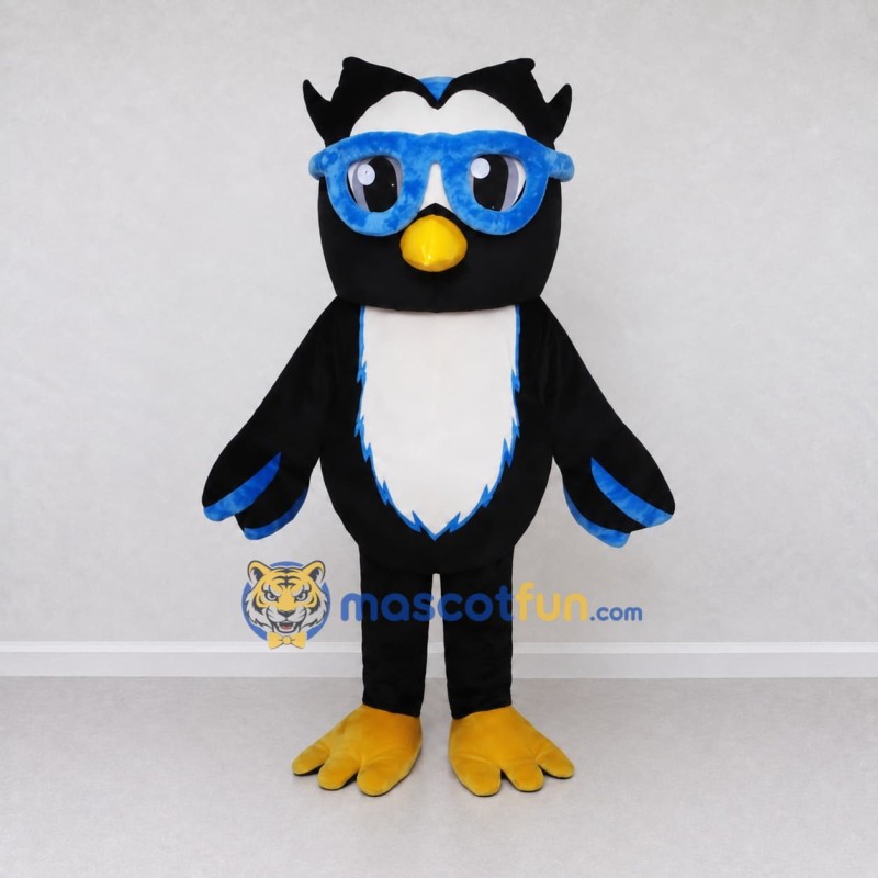Custom Black and Blue Owl Character with Glasses Mascot Costume Adult Full Body Suit for School Events Custom Black and Blue Owl Character with Glasses Mascot Costume Adult Full Body Suit for School Events