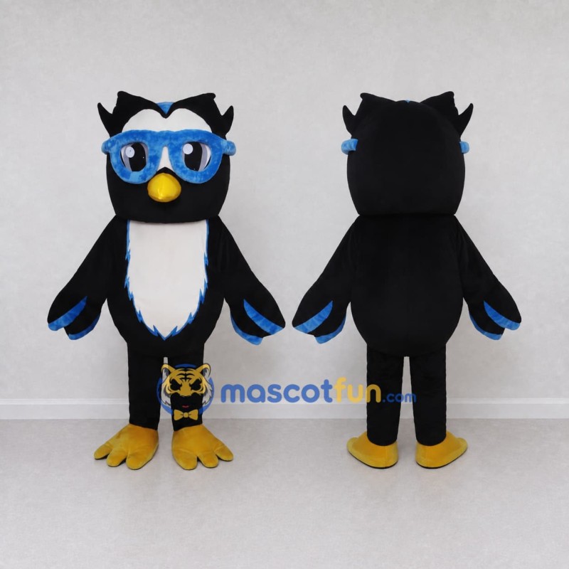 Custom Black and Blue Owl Character with Glasses Mascot Costume Adult Full Body Suit for School Events Custom Black and Blue Owl Character with Glasses Mascot Costume Adult Full Body Suit for School Events
