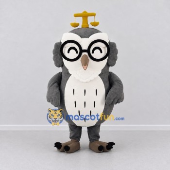 Custom Gray and White Owl Character with Round Glasses Mascot Costume Adult Full Body Suit for School Events