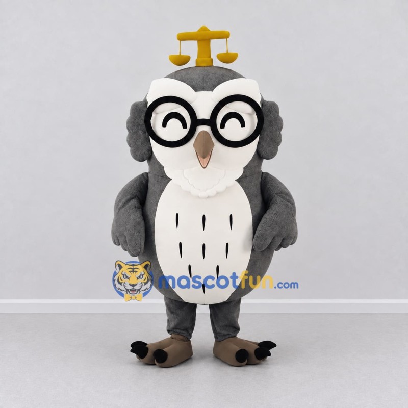Custom Gray and White Owl Character with Round Glasses Mascot Costume Adult Full Body Suit for School Events Custom Gray and White Owl Character with Round Glasses Mascot Costume Adult Full Body Suit for School Events