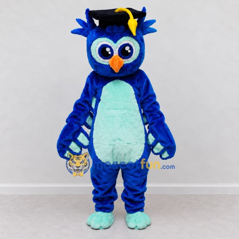 Custom Blue and Teal Owl Graduate Character Mascot Costume Adult Full Body Suit for School Events