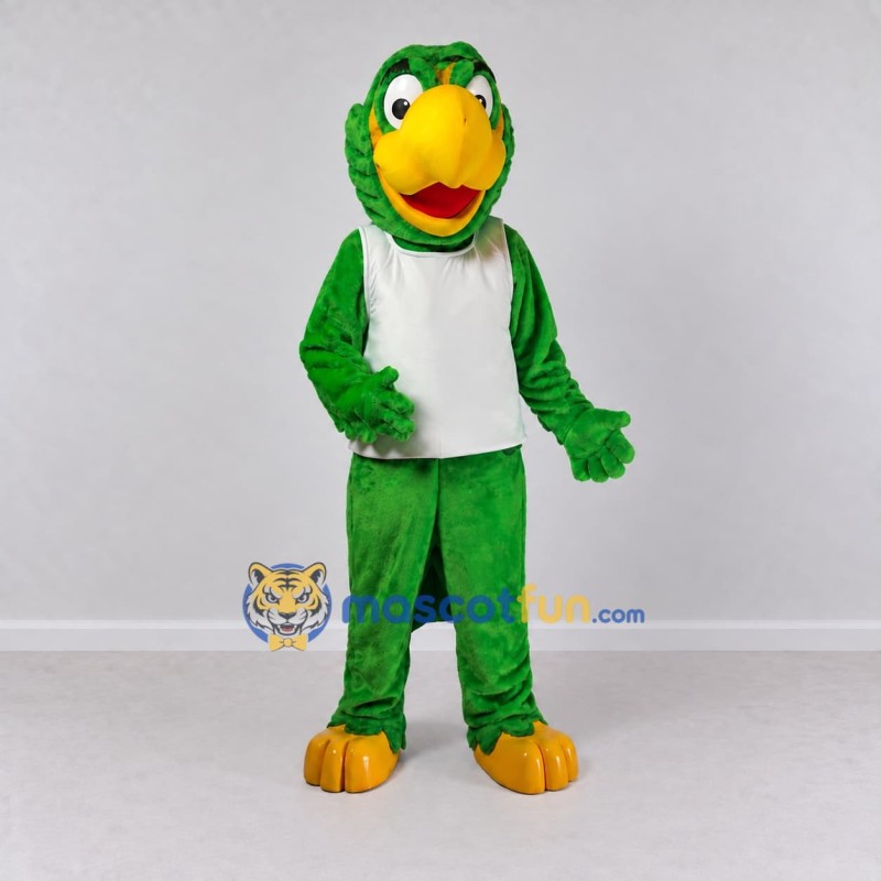 Custom Green and White Parrot Character in a Jersey Mascot Costume Adult Full Body Suit for Sports Events Custom Green and White Parrot Character in a Jersey Mascot Costume Adult Full Body Suit for Sports Events