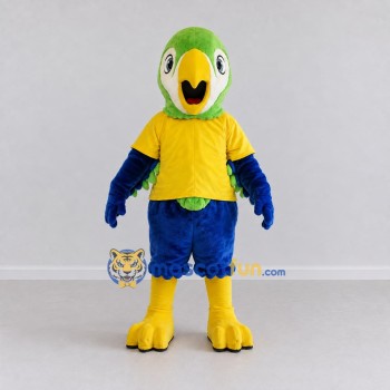 Custom Green and Blue Parrot Character in a T-Shirt Mascot Costume Adult Full Body Suit for School Events Custom Green and Blue Parrot Character in a T-Shirt Mascot Costume Adult Full Body Suit for School Events