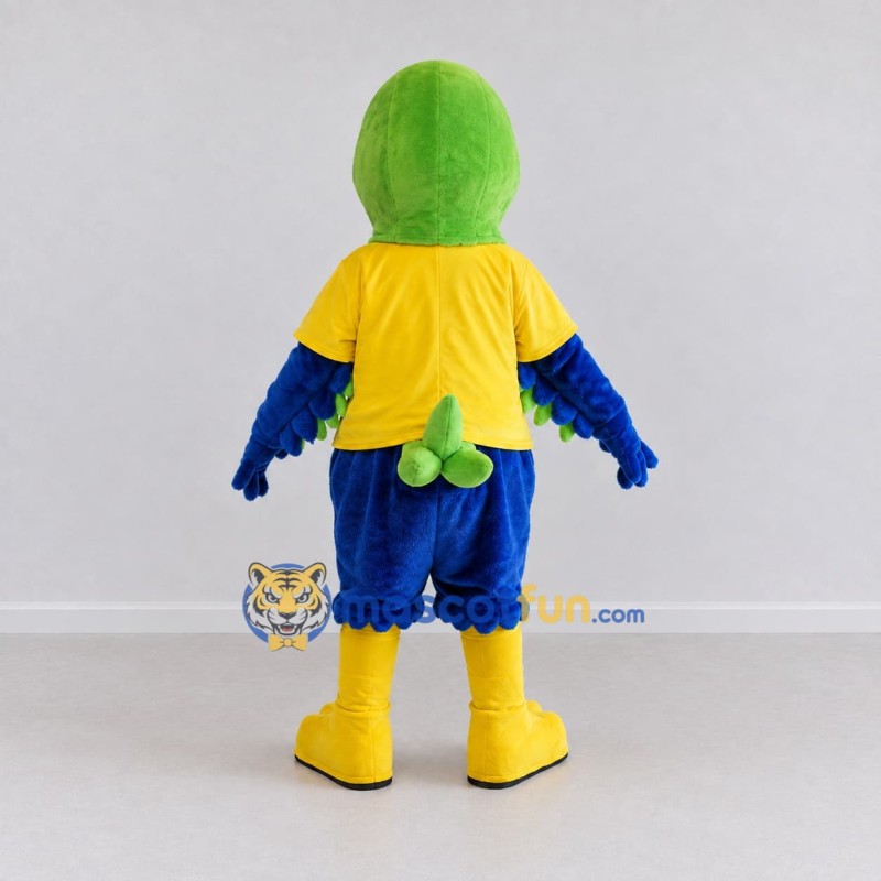 Custom Green and Blue Parrot Character in a T-Shirt Mascot Costume Adult Full Body Suit for School Events