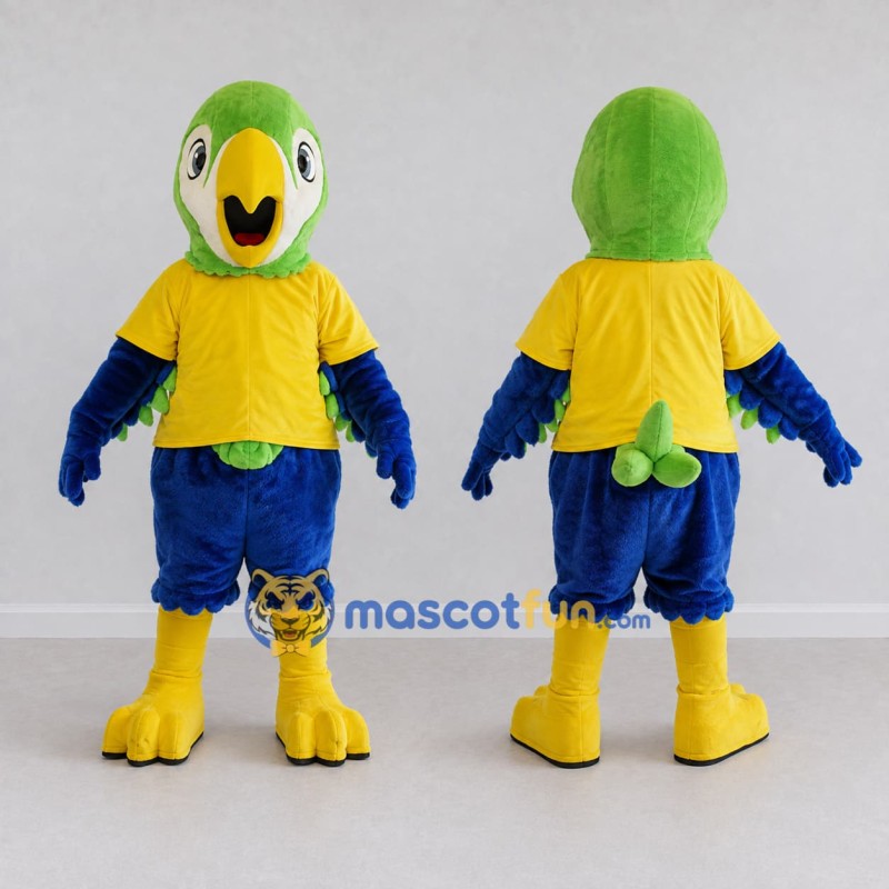 Custom Green and Blue Parrot Character in a T-Shirt Mascot Costume Adult Full Body Suit for School Events