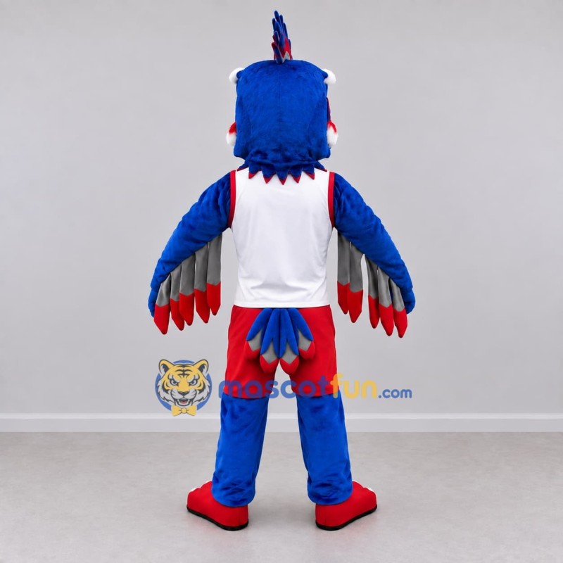 Custom Blue and Red Crested Bird Character in Sportswear Mascot Costume Adult Full Body Suit for Sports Events Custom Blue and Red Crested Bird Character in Sportswear Mascot Costume Adult Full Body Suit for Sports Events