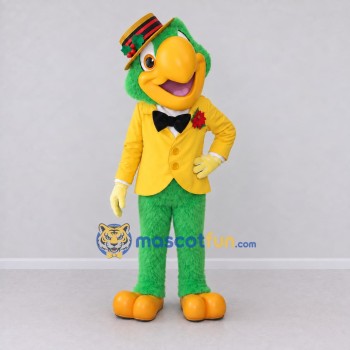 Custom Green and Yellow Parrot Character in a Blazer Mascot Costume Adult Full Body Suit for Theme Parties Custom Green and Yellow Parrot Character in a Blazer Mascot Costume Adult Full Body Suit for Theme Parties
