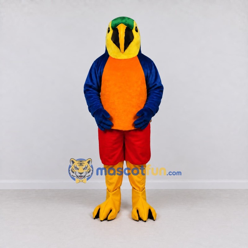 Custom Blue and Orange Parrot Character in Shorts Mascot Costume Adult Full Body Suit for Summer Events Custom Blue and Orange Parrot Character in Shorts Mascot Costume Adult Full Body Suit for Summer Events