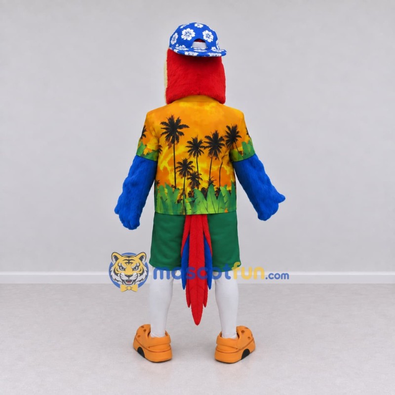 Custom Red and Blue Parrot Character in a Tropical Shirt Mascot Costume Adult Full Body Suit for Summer Events Custom Red and Blue Parrot Character in a Tropical Shirt Mascot Costume Adult Full Body Suit for Summer Events