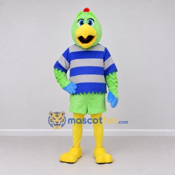 Custom Green and Blue Bird Character in a Striped Shirt Mascot Costume Adult Full Body Suit for School Events Custom Green and Blue Bird Character in a Striped Shirt Mascot Costume Adult Full Body Suit for School Events