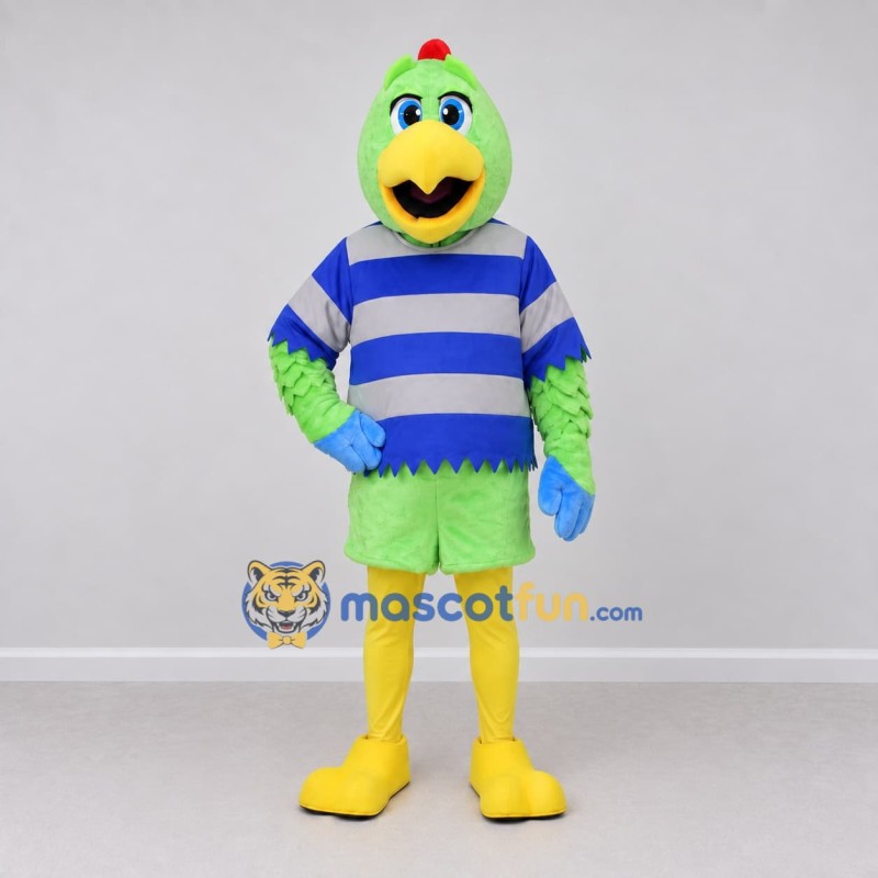 Custom Green and Blue Bird Character in a Striped Shirt Mascot Costume Adult Full Body Suit for School Events Custom Green and Blue Bird Character in a Striped Shirt Mascot Costume Adult Full Body Suit for School Events