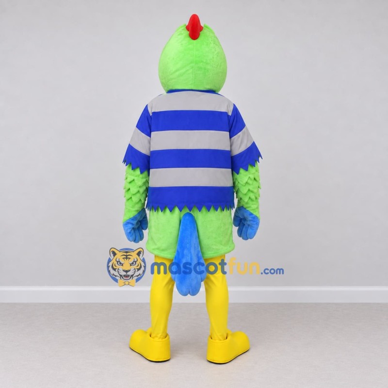 Custom Green and Blue Bird Character in a Striped Shirt Mascot Costume Adult Full Body Suit for School Events Custom Green and Blue Bird Character in a Striped Shirt Mascot Costume Adult Full Body Suit for School Events