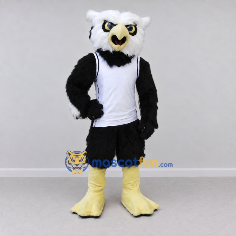 Custom Black and White Owl Character in a Jersey Mascot Costume Adult Full Body Suit for Sports Events Custom Black and White Owl Character in a Jersey Mascot Costume Adult Full Body Suit for Sports Events