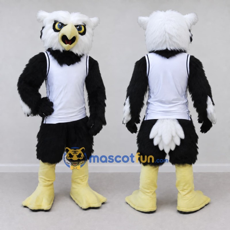 Custom Black and White Owl Character in a Jersey Mascot Costume Adult Full Body Suit for Sports Events Custom Black and White Owl Character in a Jersey Mascot Costume Adult Full Body Suit for Sports Events
