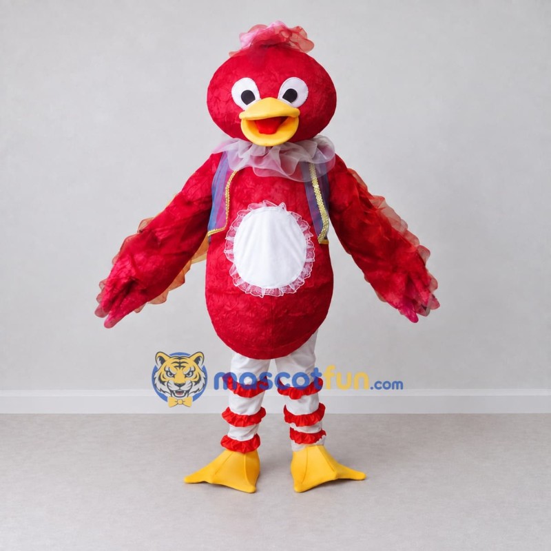 Custom Red and White Bird Character in a Vest Mascot Costume Adult Full Body Suit for Theme Parties Custom Red and White Bird Character in a Vest Mascot Costume Adult Full Body Suit for Theme Parties