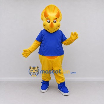 Custom Yellow and Blue Frilled Dinosaur Character in a T-Shirt Mascot Costume Adult Full Body Suit for Dinosaur Events Custom Yellow and Blue Frilled Dinosaur Character in a T-Shirt Mascot Costume Adult Full Body Suit for Dinosaur Events