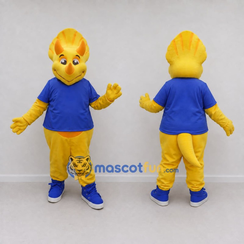 Custom Yellow and Blue Frilled Dinosaur Character in a T-Shirt Mascot Costume Adult Full Body Suit for Dinosaur Events Custom Yellow and Blue Frilled Dinosaur Character in a T-Shirt Mascot Costume Adult Full Body Suit for Dinosaur Events