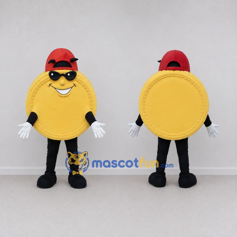 Custom Gold and Black Coin Character with Sunglasses Mascot Costume Adult Full Body Suit for Community Events