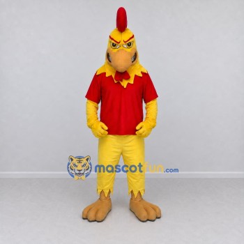 Custom Yellow and Red Rooster Character in a T-Shirt Mascot Costume Adult Full Body Suit for Farm Events