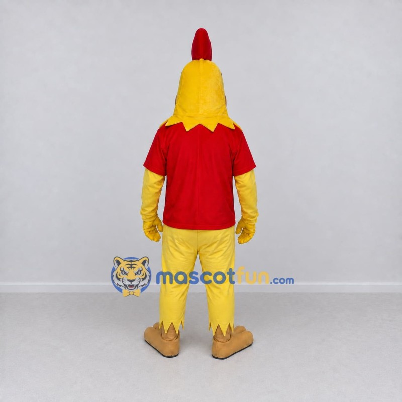 Custom Yellow and Red Rooster Character in a T-Shirt Mascot Costume Adult Full Body Suit for Farm Events Custom Yellow and Red Rooster Character in a T-Shirt Mascot Costume Adult Full Body Suit for Farm Events