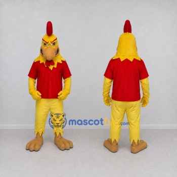 Custom Yellow and Red Rooster Character in a T-Shirt Mascot Costume Adult Full Body Suit for Farm Events