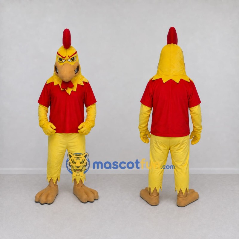 Custom Yellow and Red Rooster Character in a T-Shirt Mascot Costume Adult Full Body Suit for Farm Events Custom Yellow and Red Rooster Character in a T-Shirt Mascot Costume Adult Full Body Suit for Farm Events