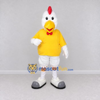 Custom White and Yellow Chicken Character in a T-Shirt Mascot Costume Adult Full Body Suit for Farm Events