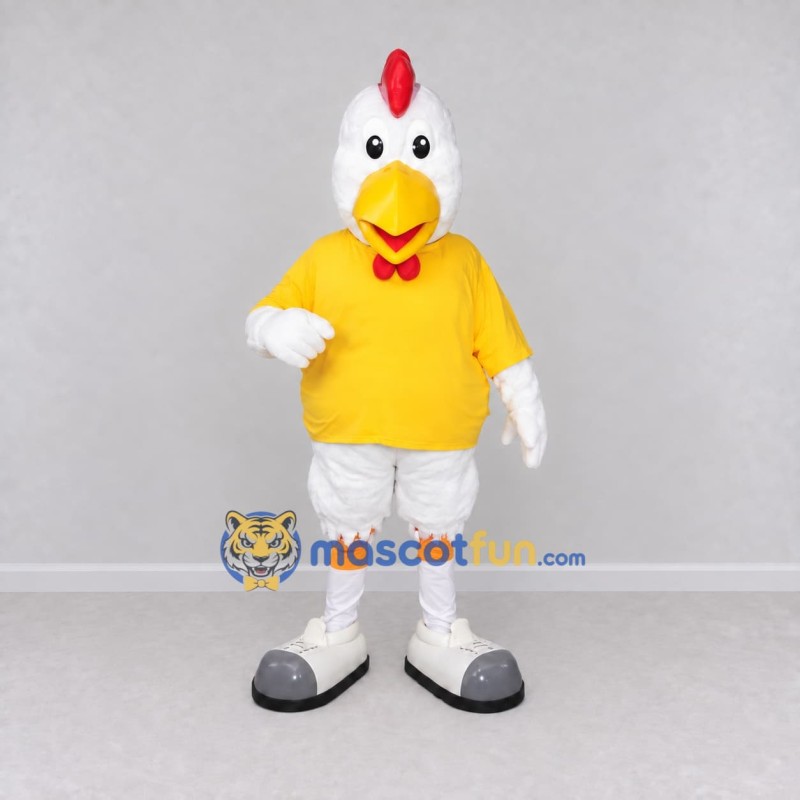 Custom White and Yellow Chicken Character in a T-Shirt Mascot Costume Adult Full Body Suit for Farm Events Custom White and Yellow Chicken Character in a T-Shirt Mascot Costume Adult Full Body Suit for Farm Events