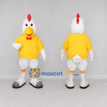 Custom White and Yellow Chicken Character in a T-Shirt Mascot Costume Adult Full Body Suit for Farm Events