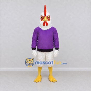 Custom White and Purple Rooster Character in a Sweater Mascot Costume Adult Full Body Suit for Farm Events Custom White and Purple Rooster Character in a Sweater Mascot Costume Adult Full Body Suit for Farm Events
