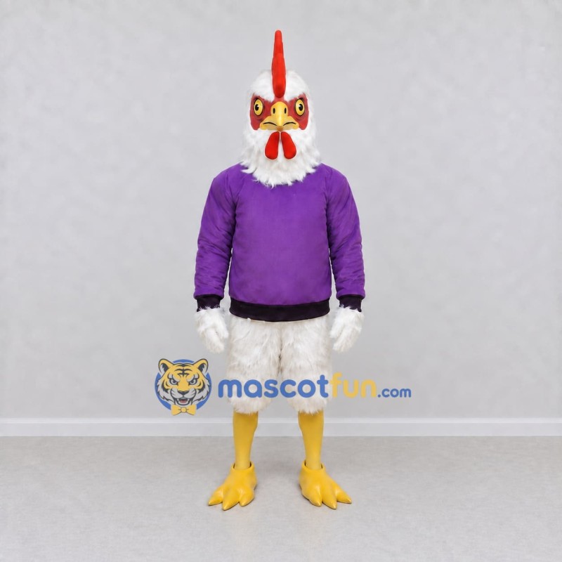 Custom White and Purple Rooster Character in a Sweater Mascot Costume Adult Full Body Suit for Farm Events Custom White and Purple Rooster Character in a Sweater Mascot Costume Adult Full Body Suit for Farm Events
