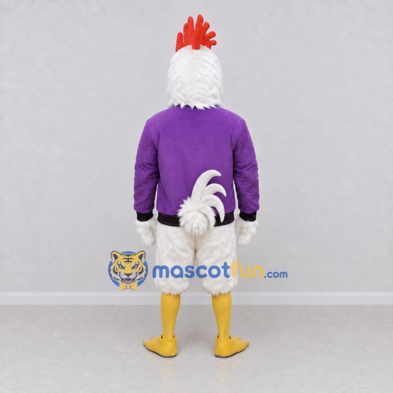 Custom White and Purple Rooster Character in a Sweater Mascot Costume Adult Full Body Suit for Farm Events Custom White and Purple Rooster Character in a Sweater Mascot Costume Adult Full Body Suit for Farm Events