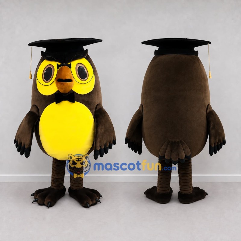 Custom Brown and Yellow Owl Graduate Character Mascot Costume Adult Full Body Suit for School Events Custom Brown and Yellow Owl Graduate Character Mascot Costume Adult Full Body Suit for School Events