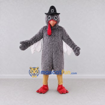 Custom Gray and Red Turkey Character with a Pilgrim Hat Mascot Costume Adult Full Body Suit for Community Events Custom Gray and Red Turkey Character with a Pilgrim Hat Mascot Costume Adult Full Body Suit for Community Events