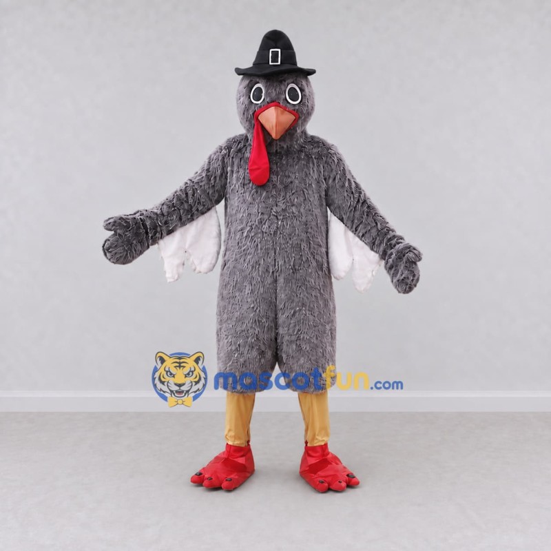 Custom Gray and Red Turkey Character with a Pilgrim Hat Mascot Costume Adult Full Body Suit for Community Events Custom Gray and Red Turkey Character with a Pilgrim Hat Mascot Costume Adult Full Body Suit for Community Events